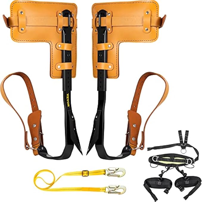 Happybuy Tree Climbing Spikes, 3 in 1 Alloy Steel Adjustable Pole Climbing Spurs, w/ Security Harness and Lanyard, Arborist Equipment for Climbers, Logging, Hunting Observation, Fruit Picking