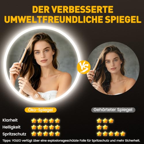 Dripex Badspiegel rund 70cm, Badezimmerspiegel Dimmbar, 3 Lichtfarben, IP44 – Ansicht 5