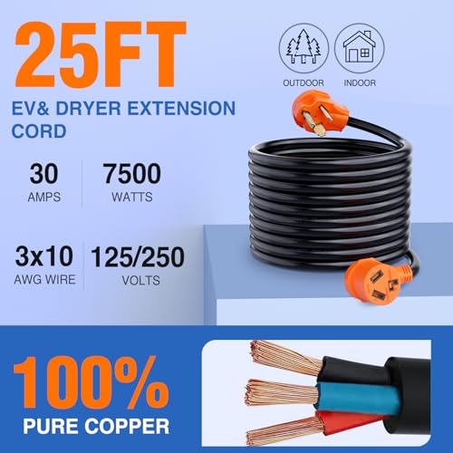 Nilight 25FT EV Dryer Extension Cord 3 Prong 30 Amp NEMA 10-30P 10-30R Old Extensions Cable Heavy Duty 10 Gauge Pure Copper Wire UL Listed 125/250V for Level 2 Using by Nilight - Image 2