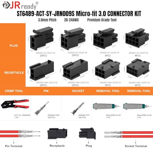 Image of JRready ST6489 Micro-Fit 3.0 Dual Row 2 4 6 8 Circuits Connector kit, w /Crimp Terminals 20-24 AWG, Molex Extraction Tool, Compatible with Molex Micro-Fit 3.0 Connector, 3.0mm Pitch, 446 Pcs