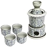 Exquisite Ceramic Blue Flowers Japanese Sake Set w/ 4 Shot Glass/Cups, Serving Carafe & Warmer Bowl