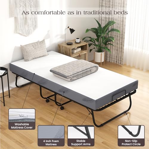 Karcog Folding Bed with Mattress, Storage Cover Included, Cot Size Extra Rollaway Guest Bed for Adults, with Memory Foam Mattress and Sturdy Metal Frame on Wheels, 75” x 31"