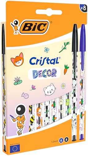 BIC Cristal Décors Kawaii Stylos-Bille à Pointe Moyenne (1,00 mm) Bleu et Noir - Motifs Kawaii...