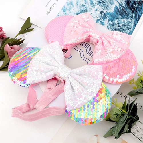 Image of DRESHOW Minnie Ears Headbands Mouse Ears Sequin Bow Headbands Elastic Adjustable Headband Glitter Party Decoration Cosplay Costume for Women