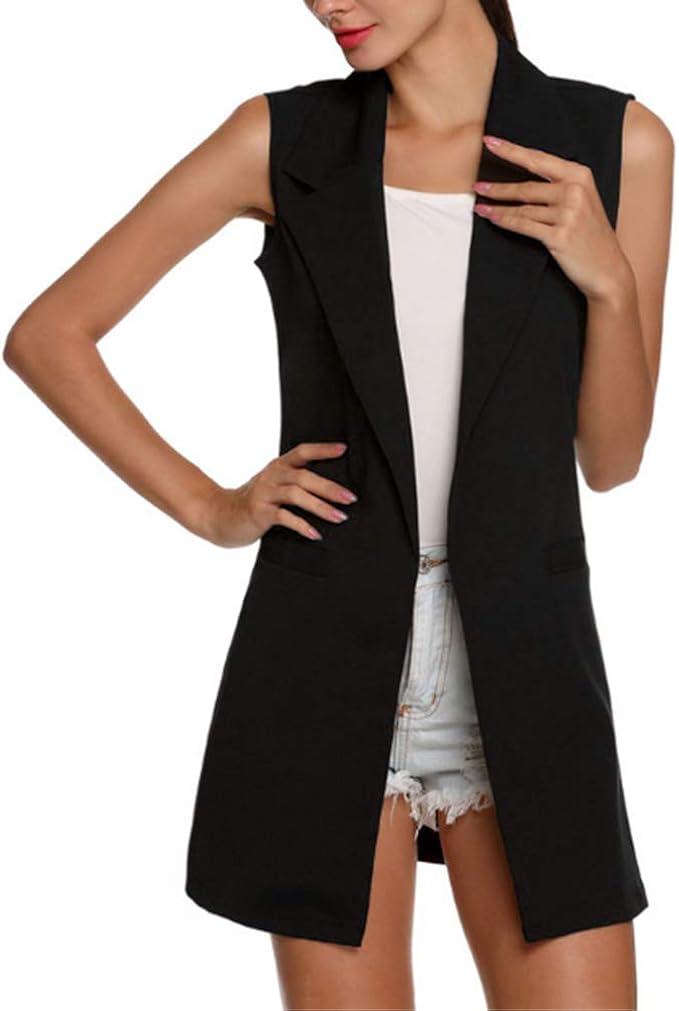 Women Sleeveless Slim Lapel Pocket Long Waistcoat Cardigan Gilet Formal Vest Jacket Outerwear 
