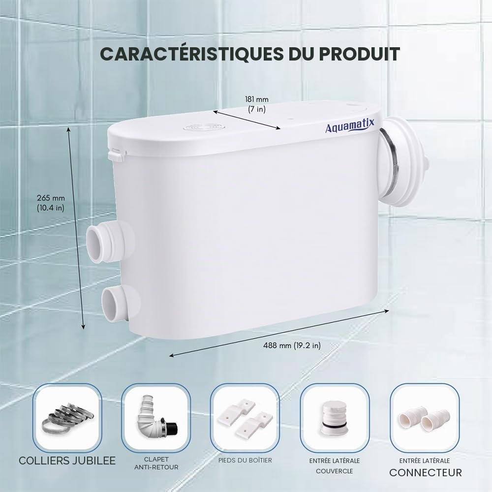 Aquamatix Silencio S Broyeur Sanitaire 400W Pompe de Relevage 145L/min pour WC suspendus 3 entrées Distance de pompage verticale de 8m avec filtre à charbon