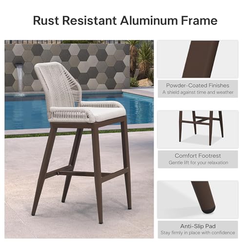 Image of PURPLE LEAF Bar Stools Set of 2 Outdoor Bar Height Metal Stools Modern Wicker Rattan Barstools with Back Aluminum Outside Garden Patio Bar Chairs, Bronze