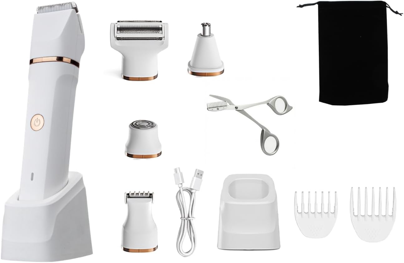 5-in-1 Electric Bikini Trimmer for Women – IPX7 Waterproof Shaver, Cordless Body & Facial Razors for Women, Ceramic Blades, Painless Hair Removal, Charging Base USB-C Rechargeable