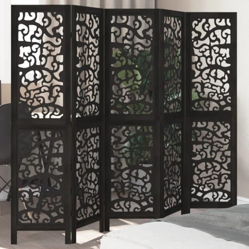 Vetnasa Biombo Separador de 5 Paneles Madera Maciza Paulownia Negro Mobiliario, Divisores de ambientes Negro 11,2 KG