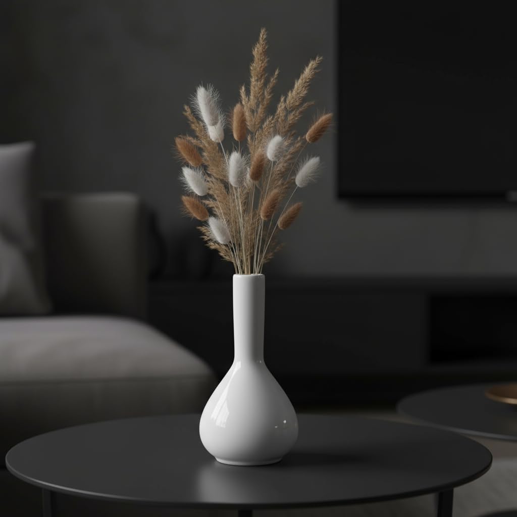 PUREZENTO Raindrop White Ceramic Bud Vase 5.31 Inch - Set of 1 | Glossy White Decorative Bud Vase for Dried Flowers & Pampas Grass | Vases for Modern Home Decor, Living Room, Office Decor & Gifting-picture-13
