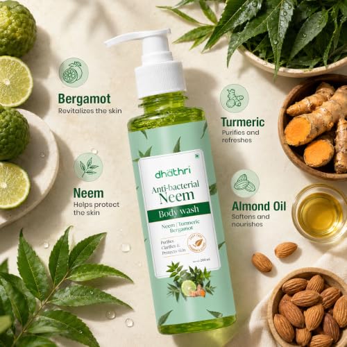 Image of Dhathri Ayurveda Anti-Bacterial Neem Body Wash with Turmeric & Bergamot | Purifying Body Wash Helps Cleanse & Refresh Skin | Soap, Paraben & Silicone Free | For Men & Women | 200ml