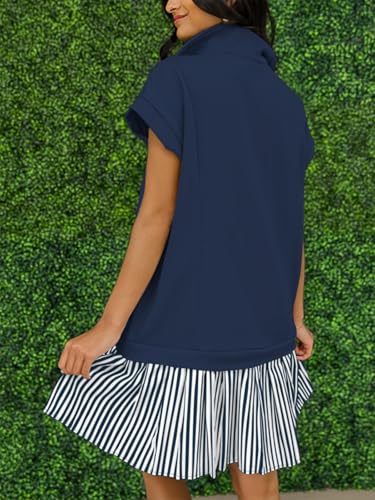 Image of Women's V Neck Short Sleeve Summer Dress Cap Sleeve Casual Loose Fit Pleated Striped Shirt Dress