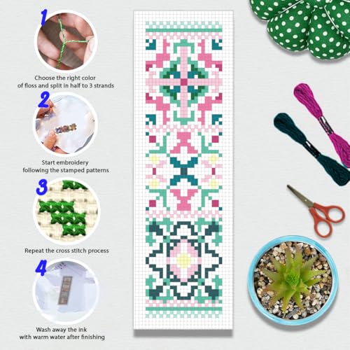 Image of BEUNITONE Cross Stitch Bookmark Kits 6 Pcs Variegated Flowers DIY Bookmarks Cross Stitch Set for Adults Beginners Hand Embroidery Set Traditional Decorative Patterns Craft Kits for Gifts 8''x2.4''