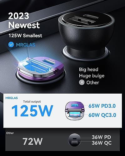 Image of 【Upgraded】 125W USB C Car Charger Super Fast Charging for iPhone 16, [PD65W & QC60W][All Metal] MRGLAS Cigarette Lighter Car Charger,Dual Port for iPhone 16 15 Pro iPad Samsung S25 /S24 MacBook-Purple