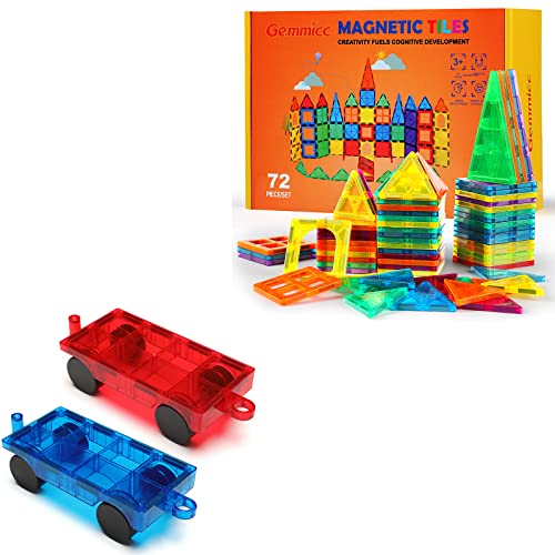 Gemmicc 72Pcs Magnetic Tiles Set + 2 Cars #TOP6