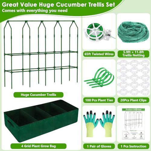 Large Cucumber Trellis for Climbing Plants with Grow Bag, 67"×65"×16.5" Metal Garden Trellis for Raised Bed with Garden Netting and Plant Clip Plant Ties for Vegetables, Squash, Pea, Grape, Tomato by ROADPLUM - Used condition - Image 3