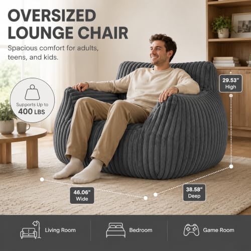 Image of Giant Plush Bean Bag Chair for Adults, 46 inch Oversized Bean Bag Sofa with Armrests, Memory Foam Comfy Mini Couch Lounge Chair, 400 LBS Floor Couch for Living Room, Bedroom, Game Room, Gray