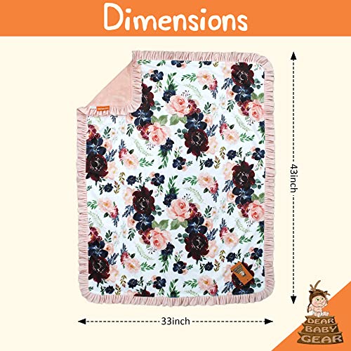 Image of Dear Baby Gear - Reversible Baby Blankets - Soft Nursery Blanket for Newborn - Toddler Blankey - Throw Blanket for Boys & Girls - Infant Blankets - 43x33 (Burgundy and Navy Floral with Blush Ruffles)