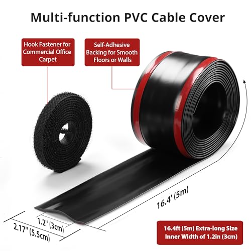 Image of ZhiYo 16.4ft Cord Cover for Wires on Floors or Walls, 2.2in Wide, Black | Soft PVC cord hider with hook fastener for carpets. Easy to cut and install for extension cords, Ethernet & speaker cables