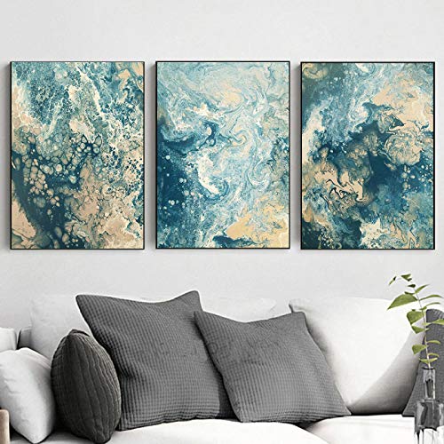 Peinture paysage abstrait bleu océan grand format décoration maison x3