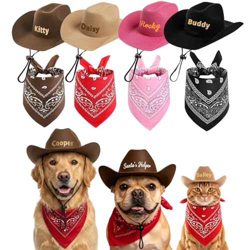 DYOART Personalized Name Cowboy Hat with Bandana for Dog & Cat XS-4XL Cowboy Costumes for Small Medium Large Pets Cowboys Hats Matching with Owner Halloween Costumes Gifts for Cowboy Birthday Party