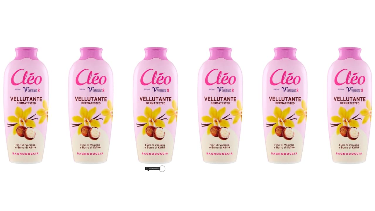 6 gel doccia Cléo Bagnodoccia con fiori di vaniglia e burro di karité, 750 ml, detergente per il corpo, per pelle morbida e vellutata, + portachiavi Italy Shop Service in omaggio