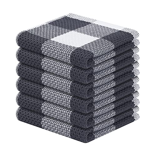 Homaxy 100% Cotton Waffle Weave Check Plaid Dish Cloths, 12 x 12 Inches, Super Soft and Absorbent Dish Towels Quick Drying Dish Rags, 6-Pack, White & Dark Grey