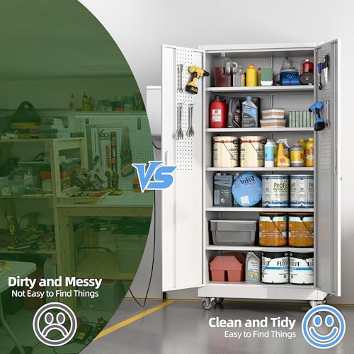 Image of White Metal Garage Storage Cabinet with Wheels and Pegboard, 71 in. | Lockable steel cabinet with dual-door pegboard, 4 hooks, 5 adjustable shelves and detachable casters; assembly required.