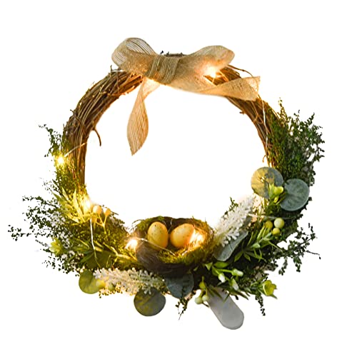 LEMCC Couronne d'œufs de Pâques lumineuse 27 cm - artificielle avec nœud, herbe, nid d'oiseaux, printemps pour mur, maison, fête, décoration mariage, Vert, 27cm/10in