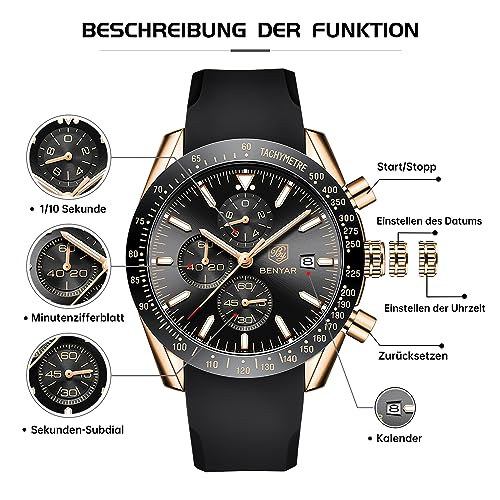 Image of BENYAR Mens Watches Quartz Movement Chronograph Leather Strap Fashion Business Sport Design 30M Waterproof Scratch Resistant Elegant Gifts for Men