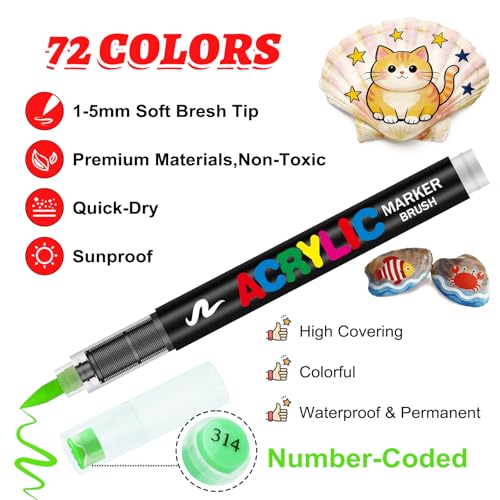 Image of Allinside Acrylic Paint Markers, 72 Colors Soft Brush Tip Paint Pens, Waterproof Quick Dry Acrylic Markers for Rock Painting Wood Canvas Glass Fabric Stone Egg DIY Art Crafts Supplies