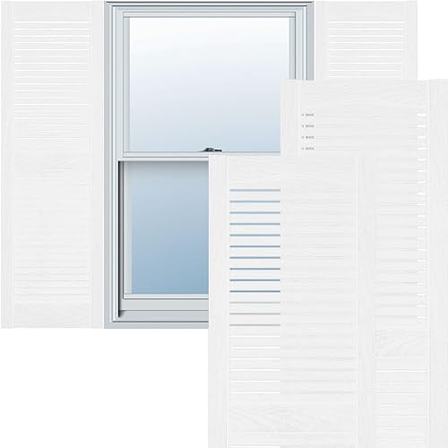 14 1/2"W x 43"H Lifetime Vinyl, Standard Cathedral Top Center Mullion, Open Louver Shutters, w/Installation Shutter-Lok's & Matching Screws (Per Pair), Bright White