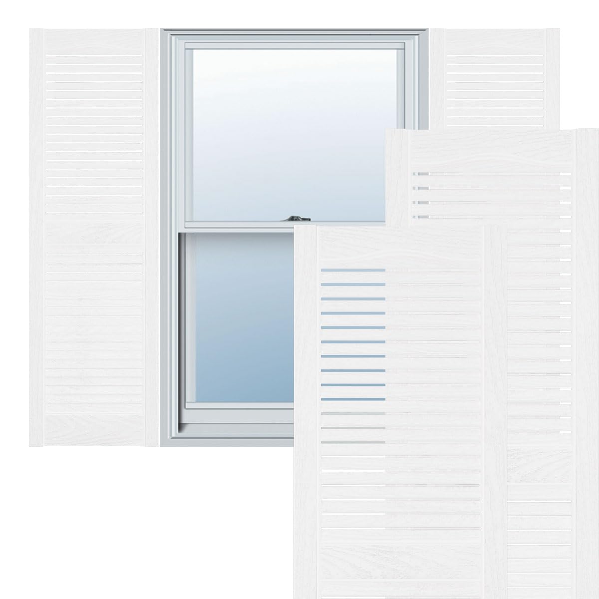 14 1/2"W x 43"H Lifetime Vinyl, Standard Cathedral Top Center Mullion, Open Louver Shutters, w/Installation Shutter-Lok's & Matching Screws (Per Pair), Bright White
