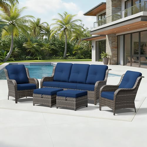 Image of Joyside 5 Piece Wicker Patio Furniture Set, Rattan Patio Chairs with High Back, Deep Seating, Wide Armrest, Thickened Cushions, Outdoor Furniture for Deck, Porch Use