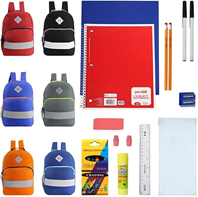12-Pack 17" Backpacks with 18 Piece School Supplies Kits – Bulk Bundle Essential for Elementary, Middle, and High School Students, 6 Assorted Styles