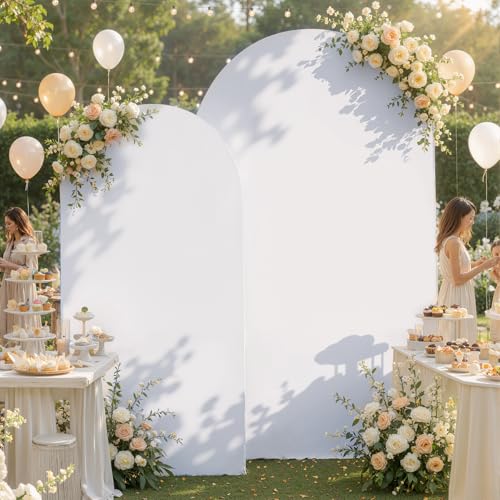Image of White Arch Backdrop Cover Set of 2 (7.2ft & 6ft), Chiara Arch Cover Wrinkle-Free Spandex Arch Cover for Wedding Birthday Party Baby Shower Bridal Shower Ceremony Banquet Fabric Backdrop (No Stand)