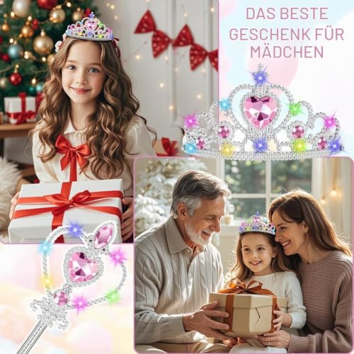 HOTUT Prinzessin Verkleiden,Prinzessin Zubehör Set,Eiskönigin Krone und Zauberstab mit Licht,Prinzessin Dress Up,Mädchen Dress up Zubehör für Party, Cosplay(Rosa)