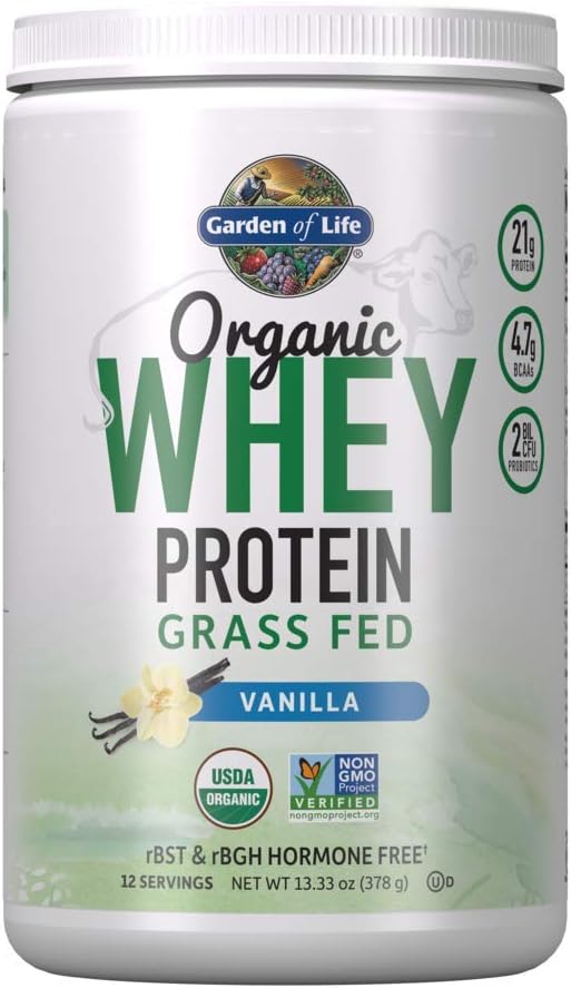 Garden of Life Whey Protein Powder Vanilla Flavor - 21g Certified Organic Grass Fed Protein for Women & Men + Probiotics - 12 Servings - Gluten Free, Non GMO, Kosher, Humane, RBST & rBGH Hormone Free