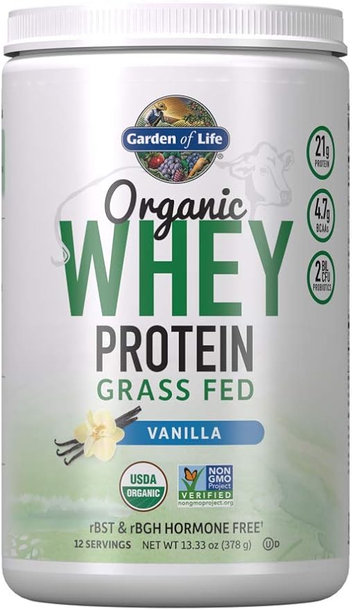 Garden of Life Grass Fed Whey Protein Powder Vanilla - 21g Protein for Women & Men + Probiotics - 12 Servings - Gluten Free, Non GMO, Kosher, Humane, RBST & rBGH Hormone Free