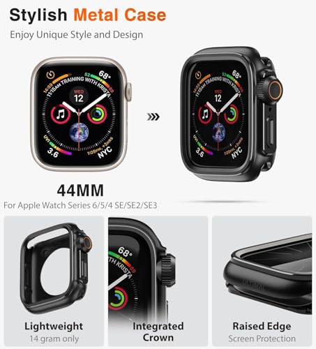Image of ULTIMAL Metal Case Compatible with Apple Watch Series SE3 /SE2 /SE /6 /5 /4 44mm with Back Cover, Military Grade Shockproof Protective Case, Rugged Cover for iWatch 44mm (Black)