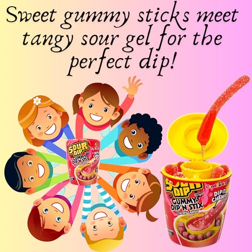 Image of CandiExotics Sour Juicy Dip Gummy Candy Dip'N Stix Sweet & Sour Chewy Candy For Kids, Strawberry Flavor, Perfect For Parties & Treats, 96 Grams