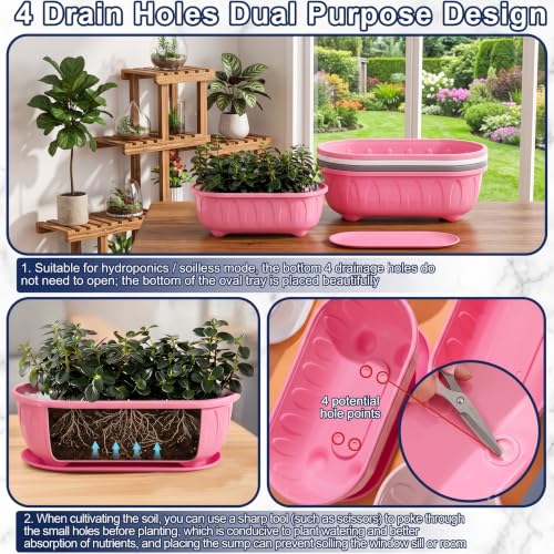 Image of Plastic Rectangle Round Corner Flower Pots with Drainage Hole Saucers Durable Outdoor Indoor Planters with Tray Plant Containers for Balcony, Garden, Home & Office (Pink, 5)