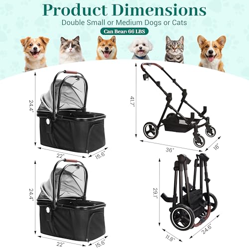 Image of Foldable Double Pet Stroller for 2 Small Medium Cats Dogs | Convertible single /double | Detachable carriers | All-terrain wheels & shock | Safety brakes & tether | Breathable oxford