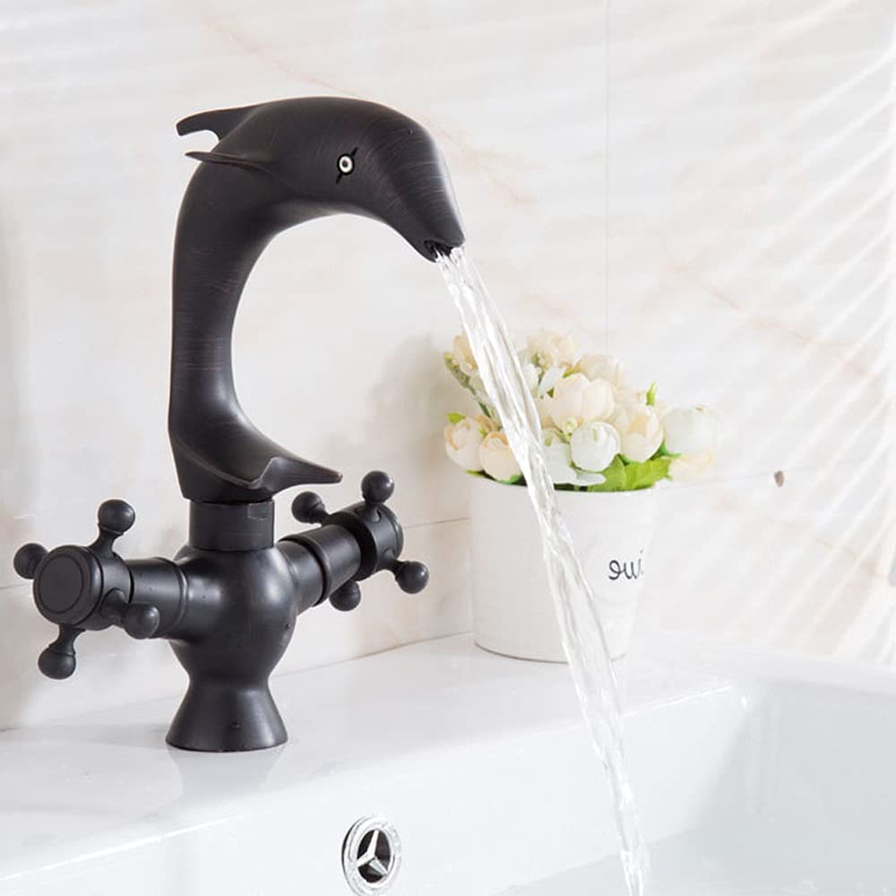 ALYHYB Grifo negro con diseño de delfín de un solo agujero para lavabo de baño caliente y frío retro negro cobre para el cuarto de baño del hotel, balcón, inodoro (tamaño pequeño:
