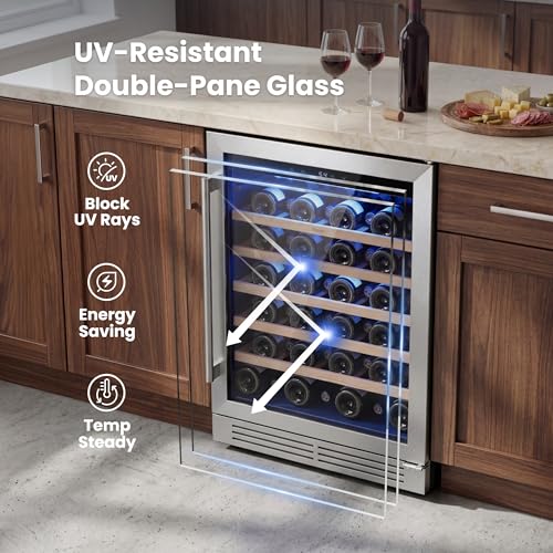 Image of Yeego 24 Inch Wine Fridge - 52 Bottles Wine Cooler, 40-65F Wine Refrigerator with Glass Door, Built-In Freestanding or Under Counter Adujustable Shelves Fridge for Home Bar, Kitchen