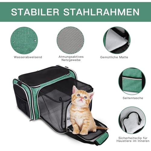 Image of BAGLHER Expandable Cat Carrier with Travel Litter Box, Pet Travel 5 Sides Open Doors 3 Sides, Leak-Proof and Collapsible, for Car, Airplane Trip, Green