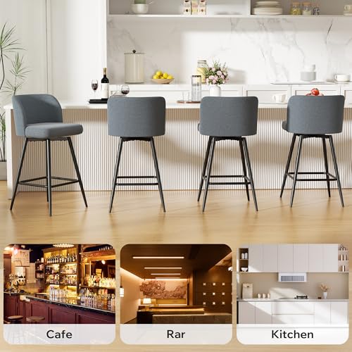 Image of Swivel Bar Stools Set of 2, 26 inch Counter Height Bar Stools with High Back and Metal Legs, Fabric Bar Chairs, Modern Barstools for Kitchen Island, Light Grey