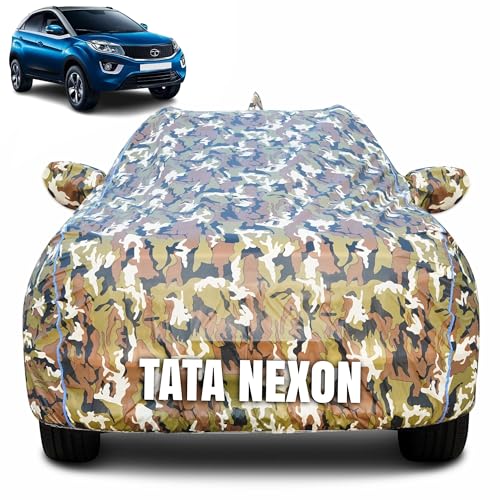 Image of 100% Waterproof Car Body Cover for Tata Nexon (2017-2022) with Mirror Pocket (Heat & UV Resistant, Triple Stitched, Soft Lining, Bottom Elastic & Piping) Camouflage, Military Print