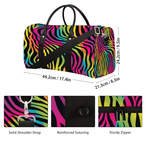 Rainbow Color Zebra Skin Print Travel Duffel Bag Sports Tote Gym Bag Waterproof Tear-Resistant Carry On Overnight Bag Foldable Weekender Bag for Gym Travel Getaway Beach Sports2