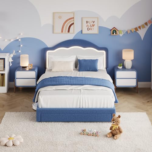 Image of GarveeHome Full Size Bed Frame with LED Headboard for Kids, Sherpa Upholstered Platform Bed Frame with Storage Drawer and Wood Slat Support, No Box Spring Required, Easy to Assemble